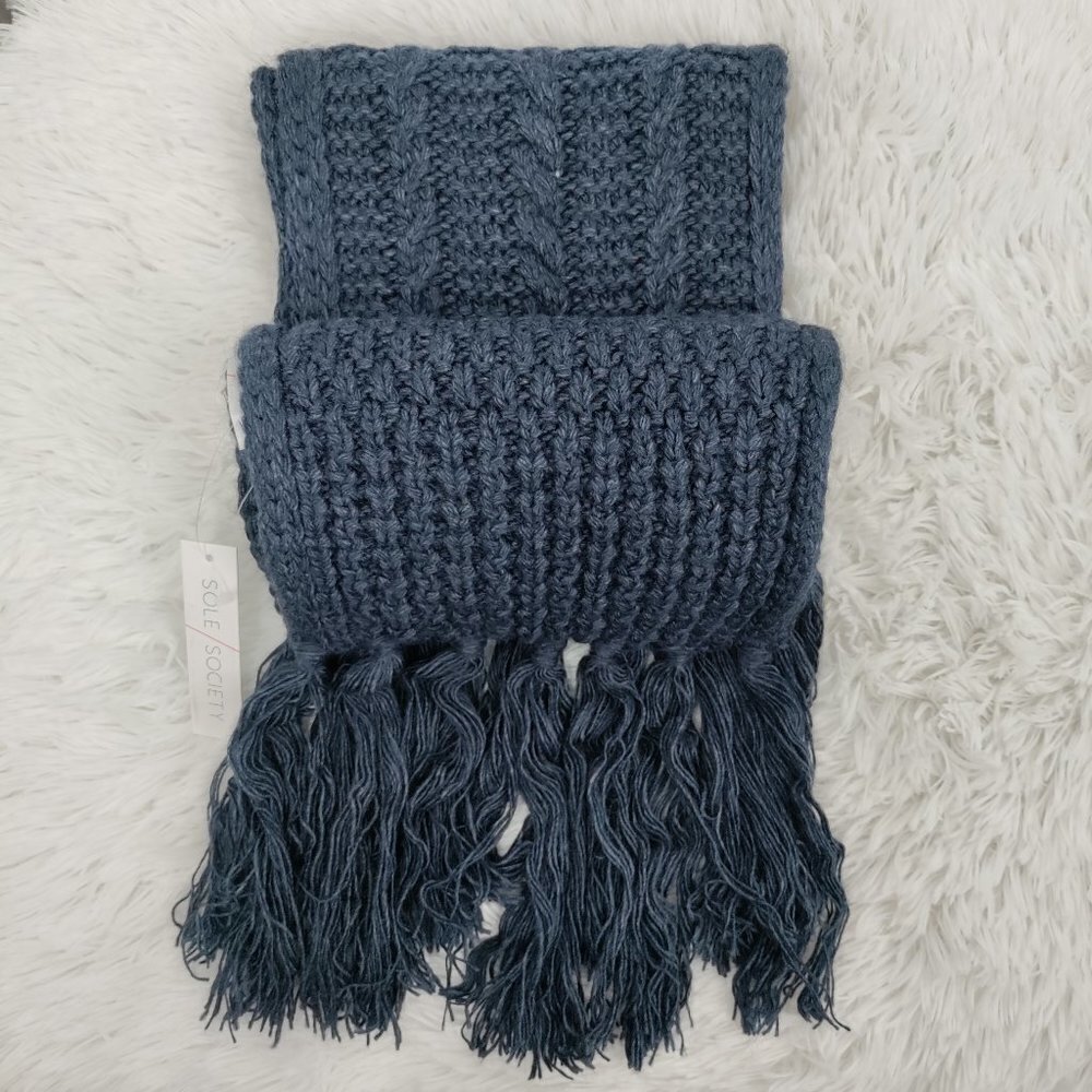 New Sole Society Chunky Cable Knit Fringed Hem Ribbed Scarf One Size Women Blue
